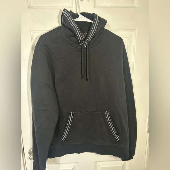 Michael Kors MK Men’s Large Black Hooded Sweatshirt Tape Logo Hoodie - Picture 2 of 13